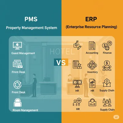 Imagen donde se ve de manera explicita las diferencias entre un PMS y un ERP hotelero para la gestión de actividades diarias.