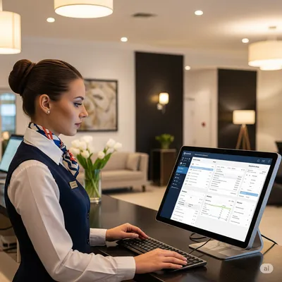 Recepcionista aprendiendo cuándo usar un PMS, un ERP o ambos para lograr una gestión hotelera aun más eficiente y rentable.
