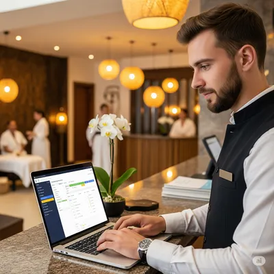 Representación de cómo un software hotelero te ayuda a mejorar la gestión del spa con horarios, cobros y disponibilidad.