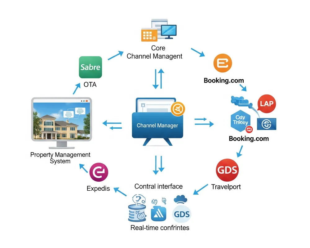 Representación gráfica de un Channel Manager, uno de los tipos de software hoteleros que conectan el inventario del hotel con OTAs y canales de distribución online