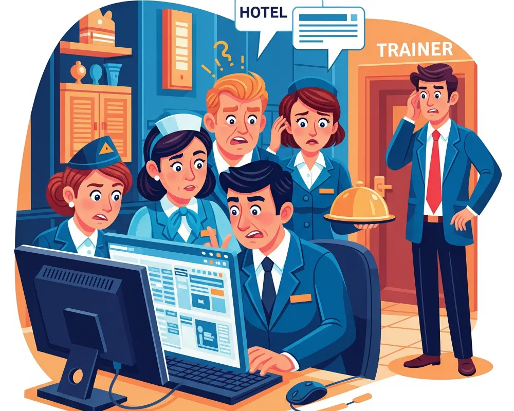 Imagen de un equipo de hotel mostrando confusión operativa como resultado de una mala implementación del ERP para hoteles sin capacitación previa.