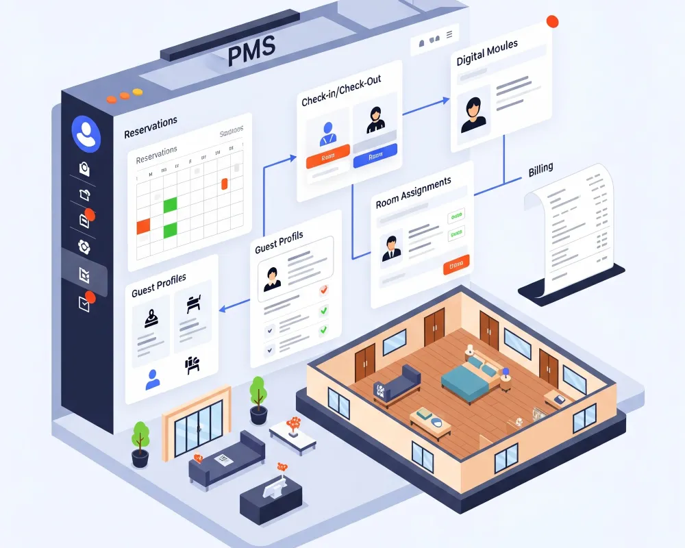 Pantalla de un sistema de gestión de propiedades (PMS), uno de los tipos de software hoteleros más importantes para controlar reservas, check-in y operaciones