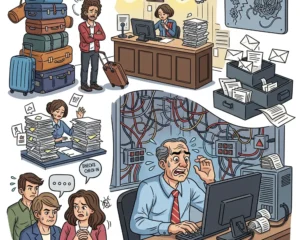 Imagen ilustrativa de los errores de la gestión hotelera reflejados en un hotel desorganizado, con personal confundido, huéspedes molestos y fallas operativas visibles