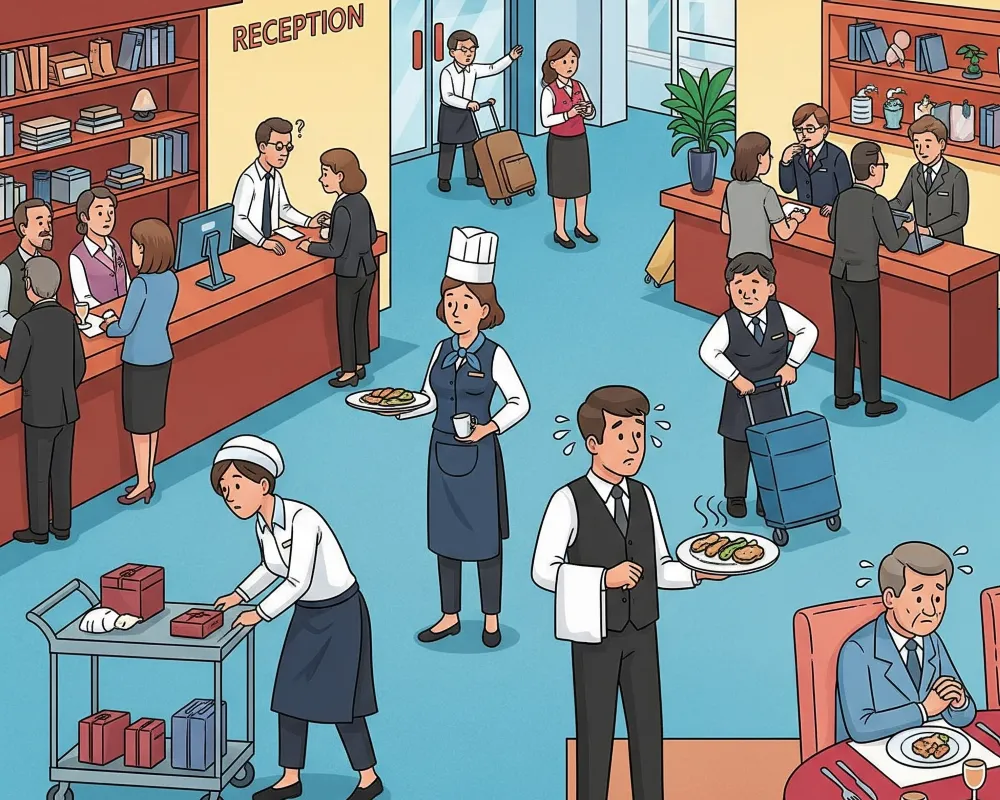 Representación visual de uno de los errores de la gestión hotelera más frecuentes: un equipo de hotel descoordinado, con mala comunicación entre departamentos que afecta la operación diaria