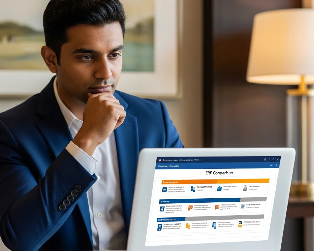 Imagen que muestra a un gerente hotelero evaluando distintas opciones de ERP para hoteles, considerando características y compatibilidad.