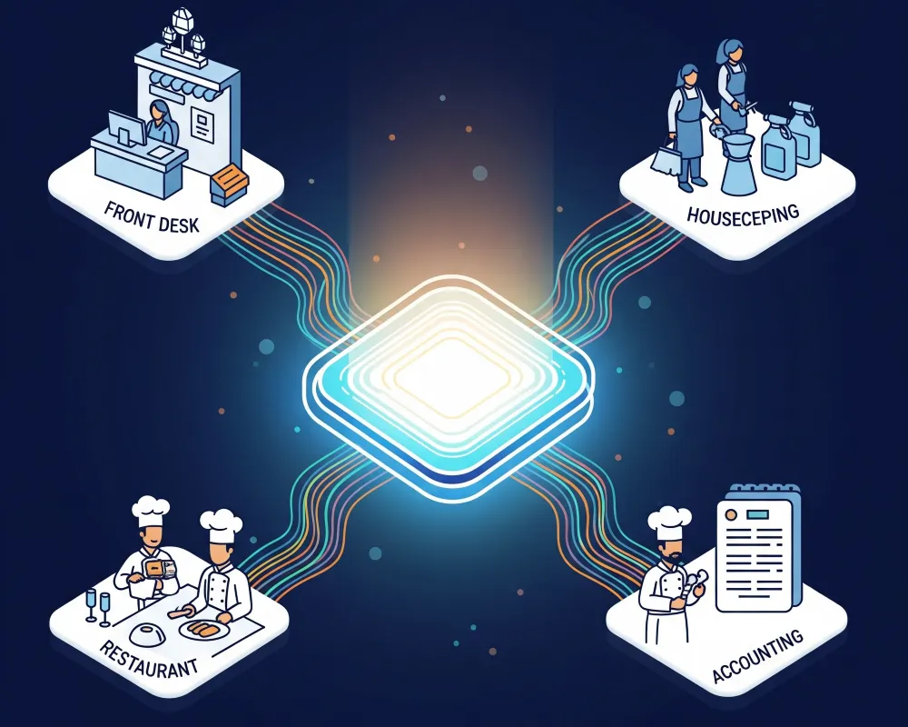 Imagen conceptual que representa las principales áreas de un hotel gestionadas a través de un ERP para hoteles: restaurante, habitaciones, recepción y administración.
