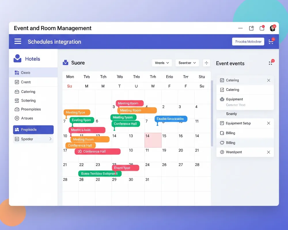 Herramienta visual de software para gestión de eventos y salones, como parte de los tipos de software hoteleros orientados a reuniones, bodas y conferencias