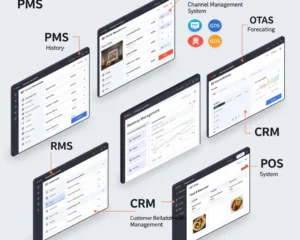 Ilustración completa que muestra varios tipos de software hoteleros utilizados para optimizar la gestión de propiedades, reservas, ventas, mantenimiento y atención al huésped