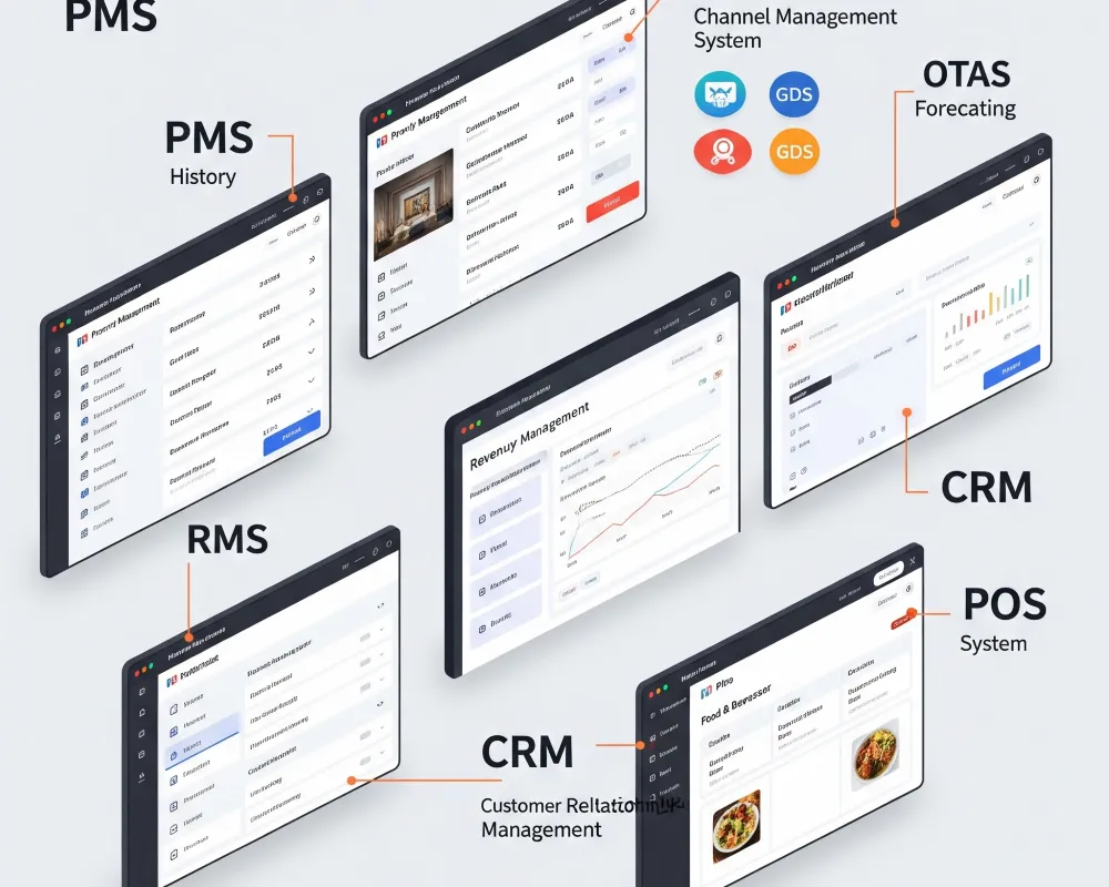 Ilustración completa que muestra varios tipos de software hoteleros utilizados para optimizar la gestión de propiedades, reservas, ventas, mantenimiento y atención al huésped