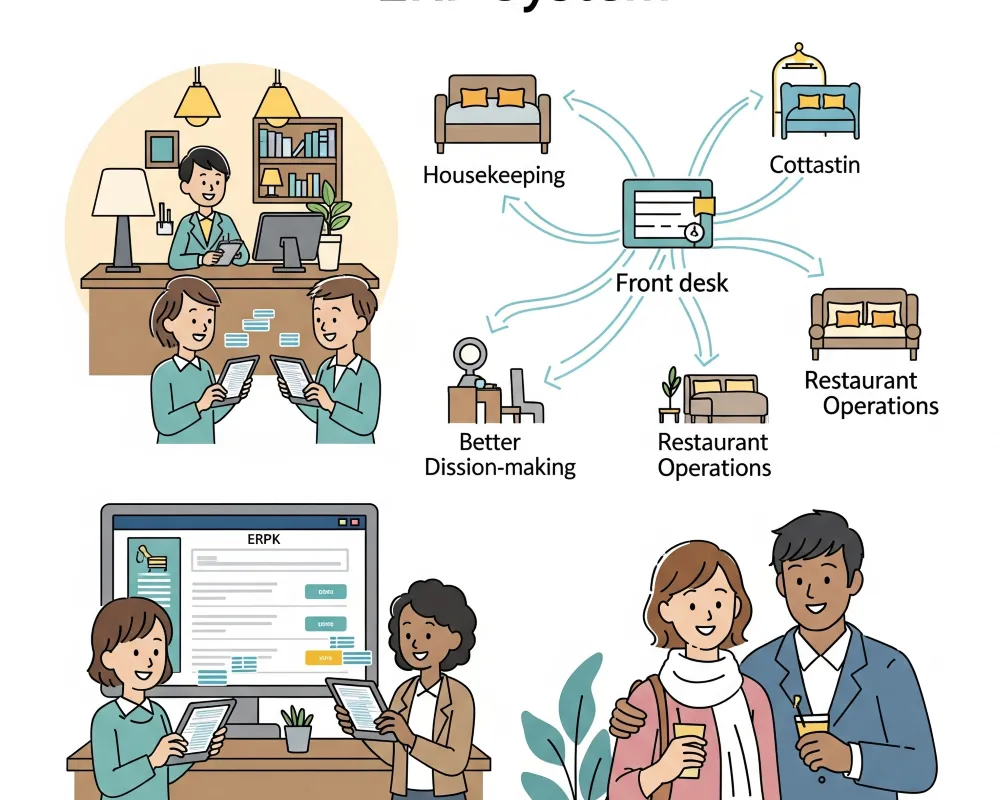 Imagen que resume los beneficios de implementar un ERP para hoteles como la automatización contable, el control de ingresos y la gestión centralizada.