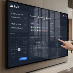 Interfaz digital que muestra funciones clave de uno de los mejores PMS para hoteles en una pantalla moderna