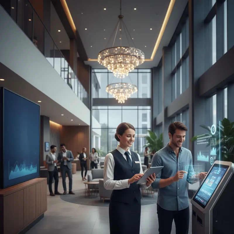 Imagen de un huésped y la gerente de hotel feliz por conocer el papel del big data en la gestión de huéspedes